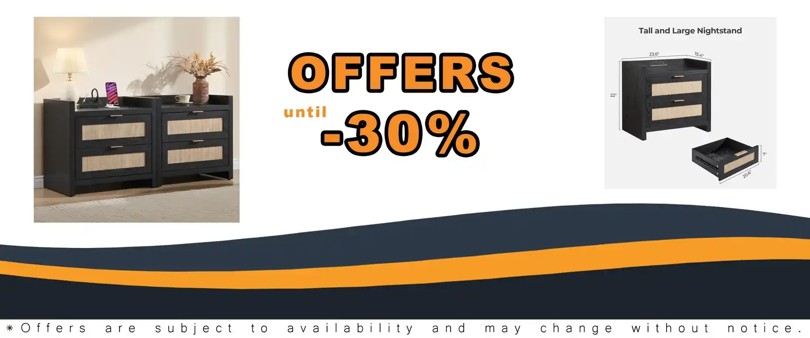 SICOTAS Black Nightstands Set of 2 with Charging Station